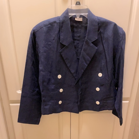 100% Linen, Navy blue, waist length jacket with cream color buttons - Picture 2 of 8